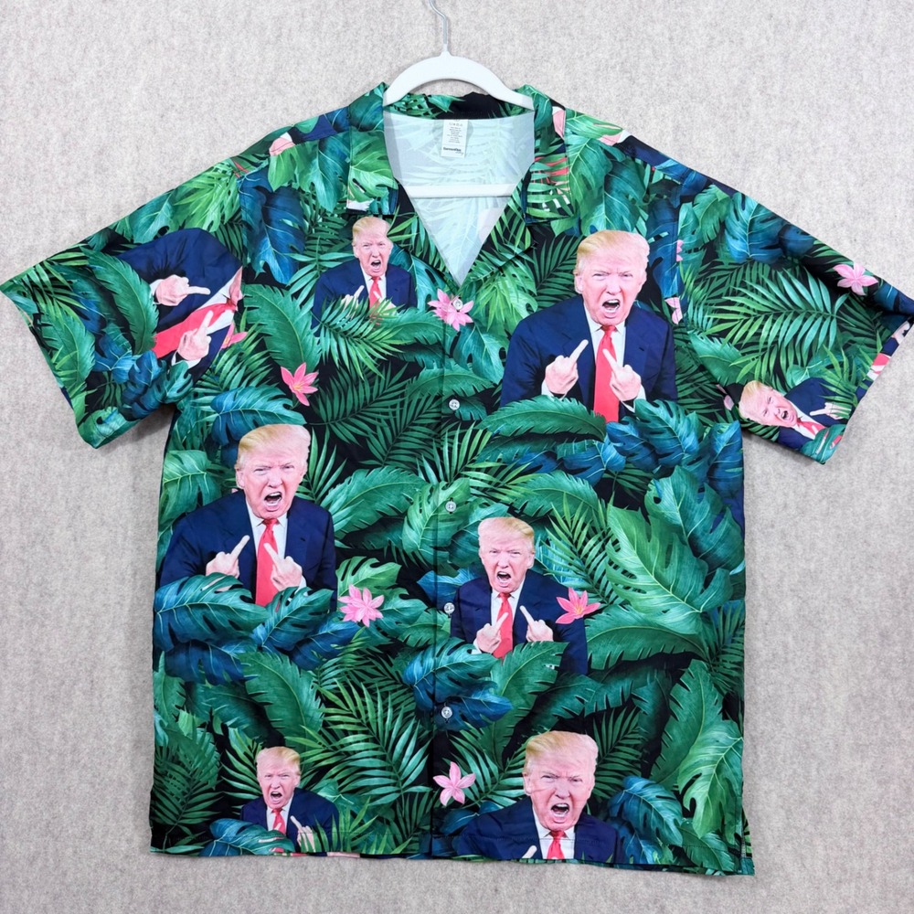 GarmentOne Donald Trump Tropical Palm Button Up Shirt Large Green Novelty Satire